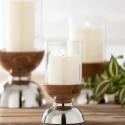 Candle Holders-Kirkland's Home Silver And Wood Pillar Candle Holders, Set Of 3 Silver/Brown