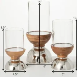 Candle Holders-Kirkland's Home Silver And Wood Pillar Candle Holders, Set Of 3 Silver/Brown