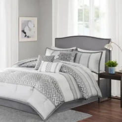 Comforters-Kirkland's Home Silver Geometric Stripes 7-Pc. Queen Comforter Set Silver/White