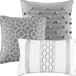 Comforters-Kirkland's Home Silver Geometric Stripes 7-Pc. Queen Comforter Set Silver/White