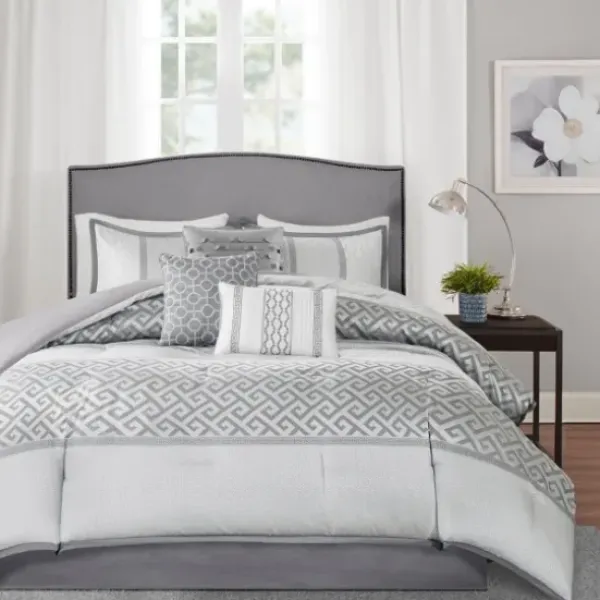 Comforters-Kirkland's Home Silver Geometric Stripes 7-Pc. King Comforter Set Silver/White