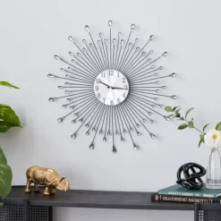 Clocks-Kirkland's Home Silver Metal Sunburst Droplet Frame Clock