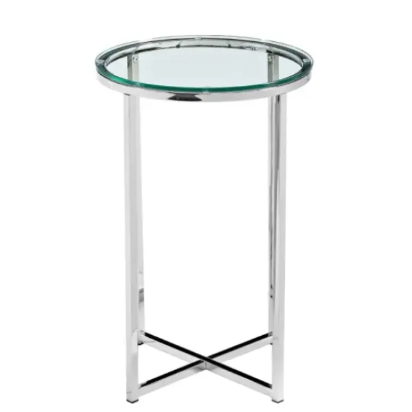 Accent & End Tables-Kirkland's Home Silvery Glass Top X Base Round Accent Table