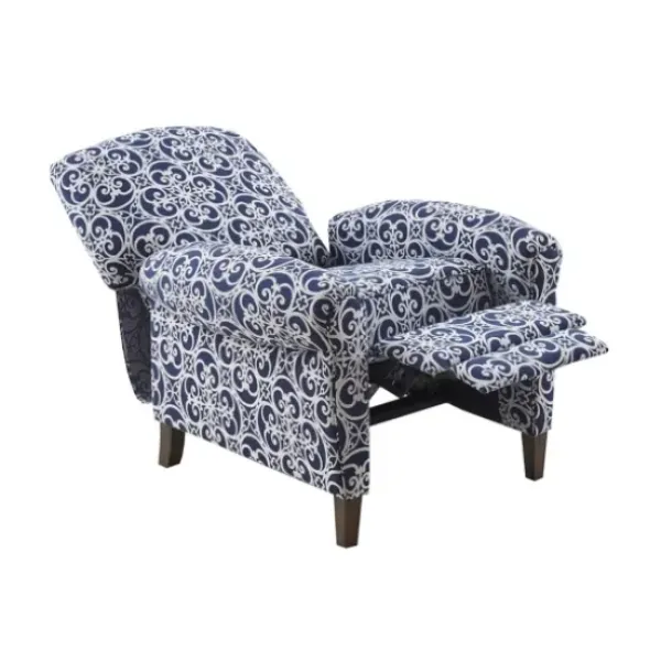 Accent Chairs-Kirkland's Home Sky Blue Fretwork Upholstered High Back Recliner Blue/White