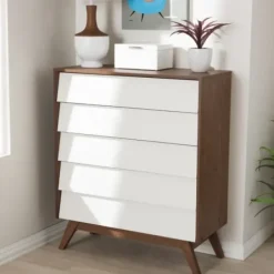 Dressers & Chests-Kirkland's Home Slant Two-Tone Walnut 5-Drawer Chest