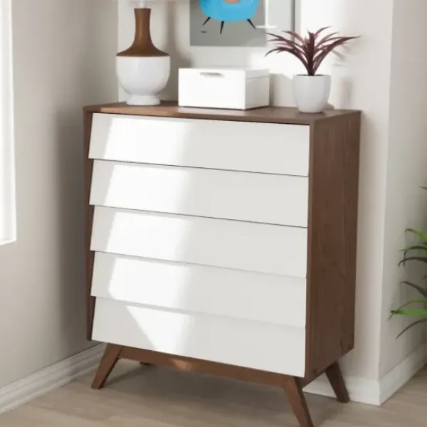 Dressers & Chests-Kirkland's Home Slant Two-Tone Walnut 5-Drawer Chest