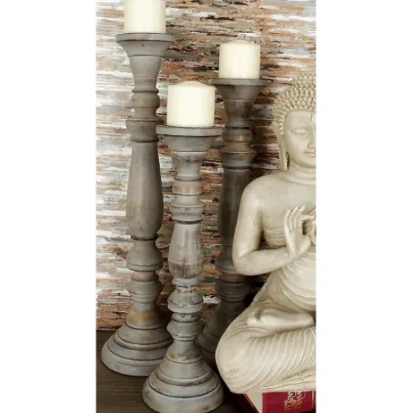 Candle Holders-Kirkland's Home Slate Rustic Mango Wood 3-Pc. Candle Holder Set Gray