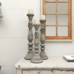 Candle Holders-Kirkland's Home Slate Rustic Mango Wood 3-Pc. Candle Holder Set Gray