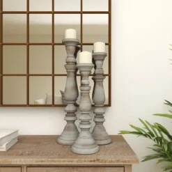 Candle Holders-Kirkland's Home Slate Rustic Mango Wood 3-Pc. Candle Holder Set Gray