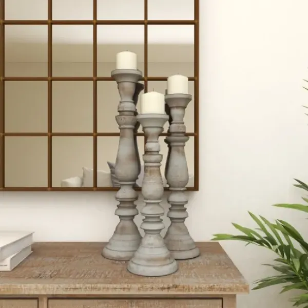 Candle Holders-Kirkland's Home Slate Rustic Mango Wood 3-Pc. Candle Holder Set Gray