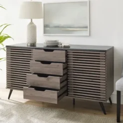 Cabinets & Sideboards-Kirkland's Home Slate Slatted 4-Drawer Cabinet Gray