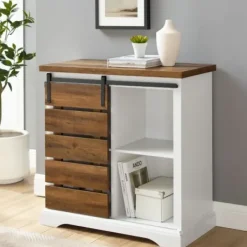 Cabinets & Sideboards-Kirkland's Home Slatted Sliding Barn Door White And Oak Cabinet Brown