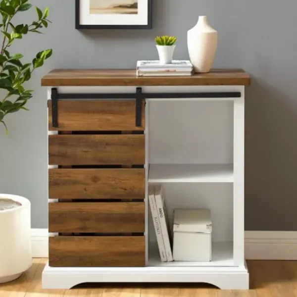 Cabinets & Sideboards-Kirkland's Home Slatted Sliding Barn Door White And Oak Cabinet Brown