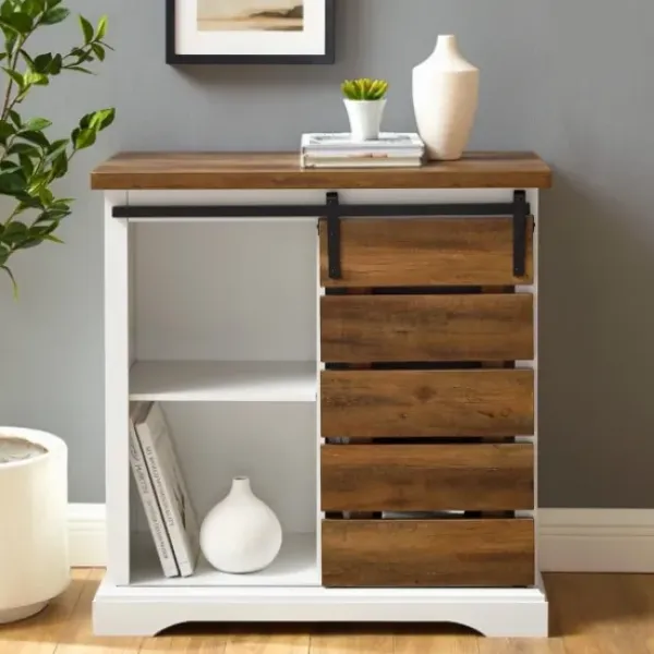 Cabinets & Sideboards-Kirkland's Home Slatted Sliding Barn Door White And Oak Cabinet Brown