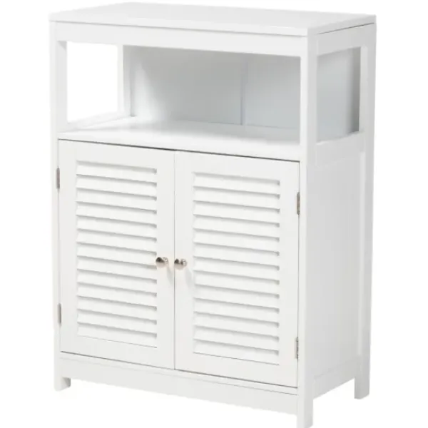 Bathroom Furniture-Kirkland's Home Slatted Wood Bathroom Cabinet White