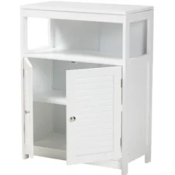 Bathroom Furniture-Kirkland's Home Slatted Wood Bathroom Cabinet White
