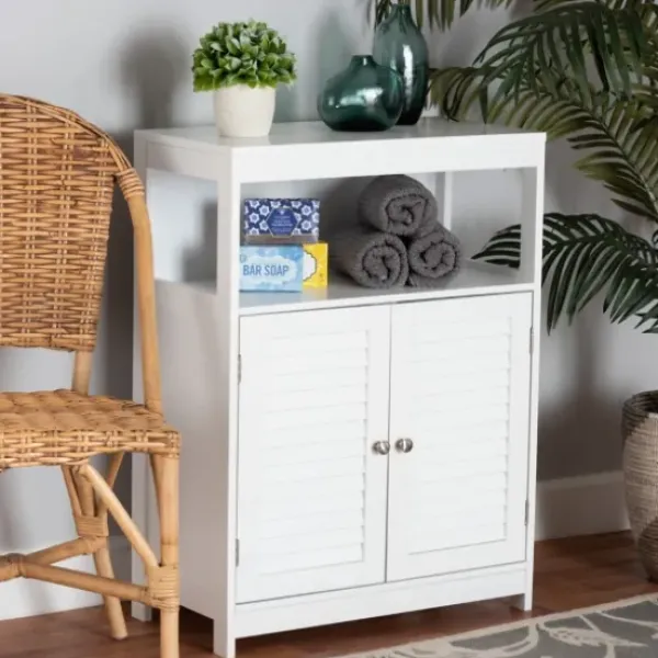 Bathroom Furniture-Kirkland's Home Slatted Wood Bathroom Cabinet White