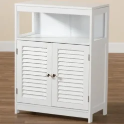 Bathroom Furniture-Kirkland's Home Slatted Wood Bathroom Cabinet White