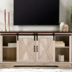 Tv Stands & Media Consoles-Kirkland's Home Sliding Barn Door Open Shelf White Tv Stand Ivory