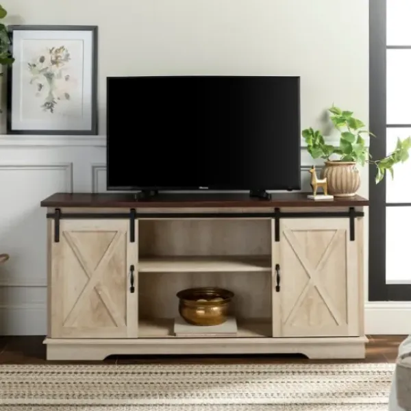 Tv Stands & Media Consoles-Kirkland's Home Sliding Barn Door Open Shelf White Tv Stand Ivory
