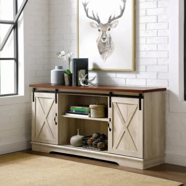 Tv Stands & Media Consoles-Kirkland's Home Sliding Barn Door Open Shelf White Tv Stand Ivory