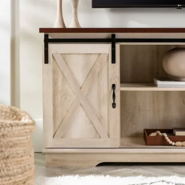 Tv Stands & Media Consoles-Kirkland's Home Sliding Barn Door Open Shelf White Tv Stand Ivory
