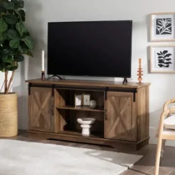 Tv Stands & Media Consoles-Kirkland's Home Sliding Barn Door Open Shelf Oak Tv Stand Brown