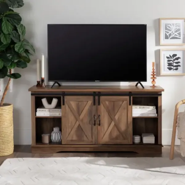 Tv Stands & Media Consoles-Kirkland's Home Sliding Barn Door Open Shelf Oak Tv Stand Brown