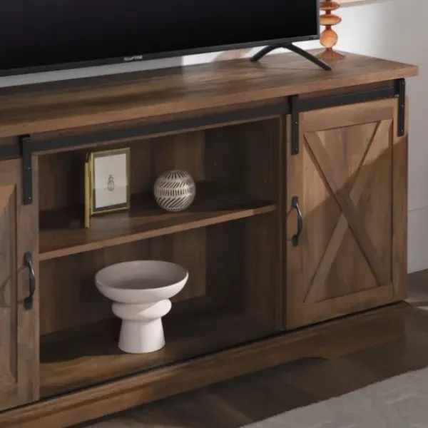 Tv Stands & Media Consoles-Kirkland's Home Sliding Barn Door Open Shelf Oak Tv Stand Brown