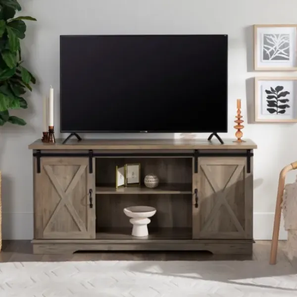 Tv Stands & Media Consoles-Kirkland's Home Sliding Barn Door Open Shelf Wash Tv Stand Gray