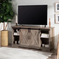 Tv Stands & Media Consoles-Kirkland's Home Sliding Barn Door Open Shelf Wash Tv Stand Gray