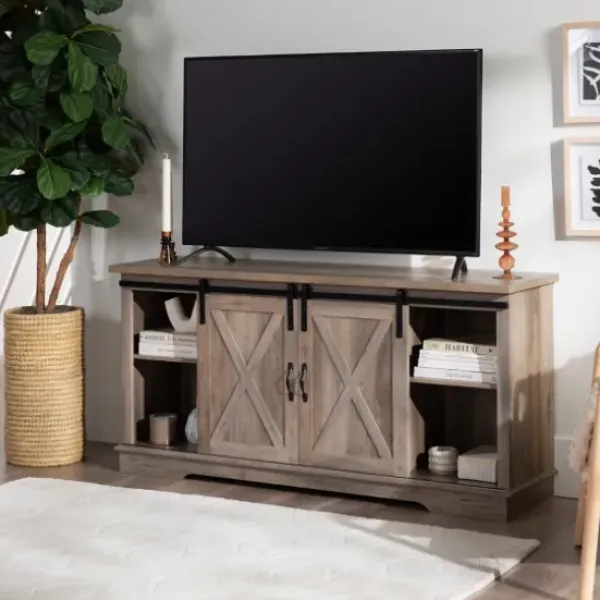 Tv Stands & Media Consoles-Kirkland's Home Sliding Barn Door Open Shelf Wash Tv Stand Gray