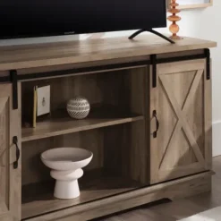 Tv Stands & Media Consoles-Kirkland's Home Sliding Barn Door Open Shelf Wash Tv Stand Gray