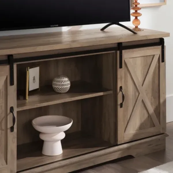 Tv Stands & Media Consoles-Kirkland's Home Sliding Barn Door Open Shelf Wash Tv Stand Gray