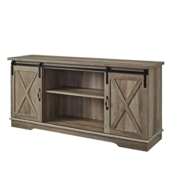 Tv Stands & Media Consoles-Kirkland's Home Sliding Barn Door Open Shelf Wash Tv Stand Gray