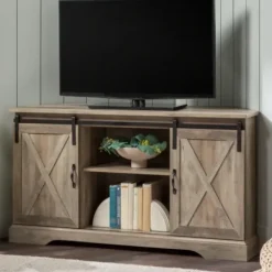 Tv Stands & Media Consoles-Kirkland's Home Sliding Barn Doors Corner Tv Stand Gray