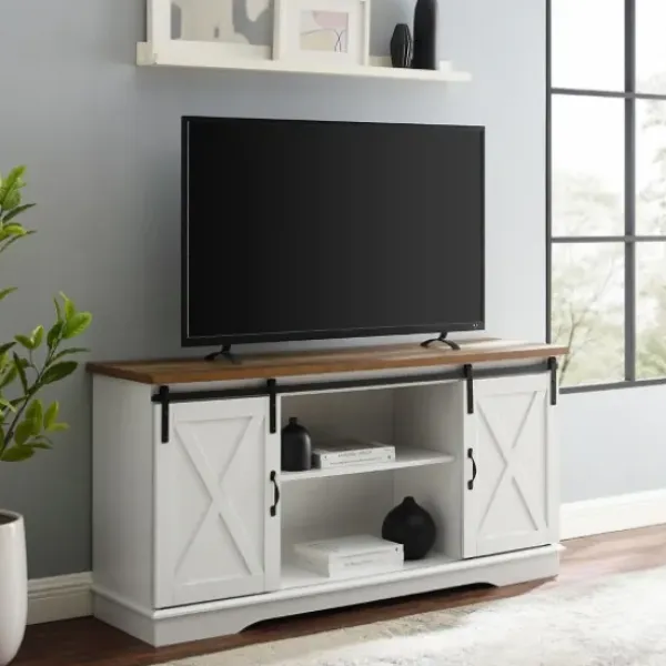 Tv Stands & Media Consoles-Kirkland's Home Sliding Door Rustic Oak Top Tv Stand White