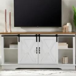 Tv Stands & Media Consoles-Kirkland's Home Sliding Door Rustic Oak Top Tv Stand White
