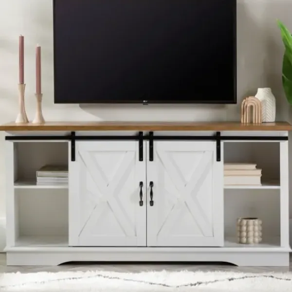 Tv Stands & Media Consoles-Kirkland's Home Sliding Door Rustic Oak Top Tv Stand White