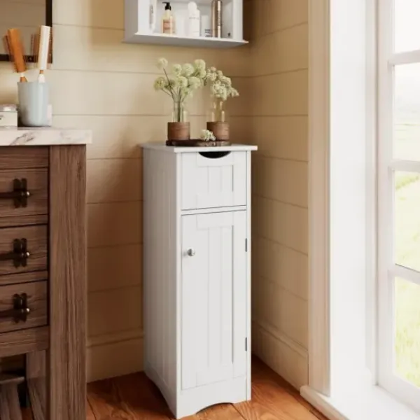 Bathroom Furniture-Kirkland's Home Slim Single Door Cabinet With Drawer White