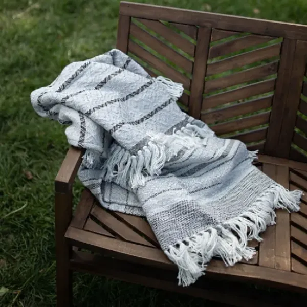 Blankets & Throws-Kirkland's Home Smokey Gray Fringe Stripe Outdoor Throw Blanket Gray/White