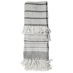 Blankets & Throws-Kirkland's Home Smokey Gray Fringe Stripe Outdoor Throw Blanket Gray/White