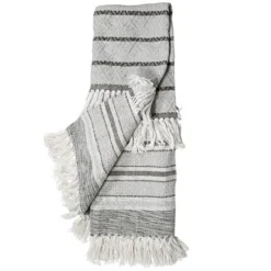 Blankets & Throws-Kirkland's Home Smokey Gray Fringe Stripe Outdoor Throw Blanket Gray/White