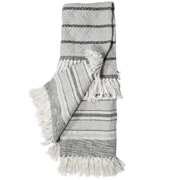 Blankets & Throws-Kirkland's Home Smokey Gray Fringe Stripe Outdoor Throw Blanket Gray/White