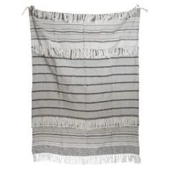 Blankets & Throws-Kirkland's Home Smokey Gray Fringe Stripe Outdoor Throw Blanket Gray/White