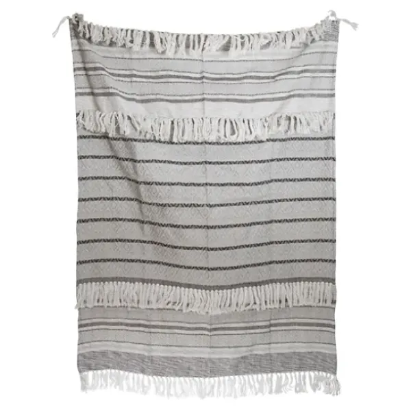 Blankets & Throws-Kirkland's Home Smokey Gray Fringe Stripe Outdoor Throw Blanket Gray/White