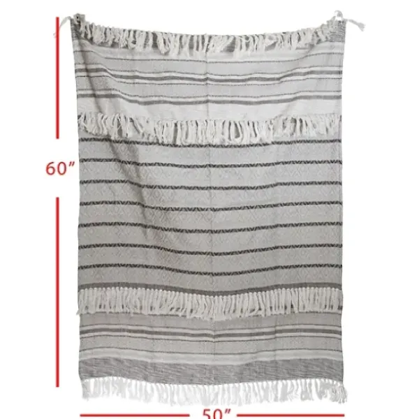 Blankets & Throws-Kirkland's Home Smokey Gray Fringe Stripe Outdoor Throw Blanket Gray/White