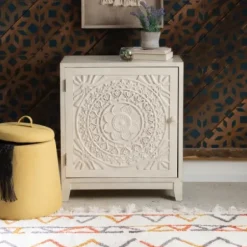 Cabinets & Sideboards-Kirkland's Home Smokey Resin Medallion Door Cabinet White