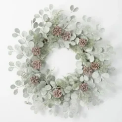 Wreaths-Kirkland's Home Snow Dusted Eucalyptus And Pinecone Wreath Green/Brown/White