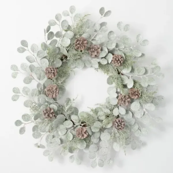 Wreaths-Kirkland's Home Snow Dusted Eucalyptus And Pinecone Wreath Green/Brown/White